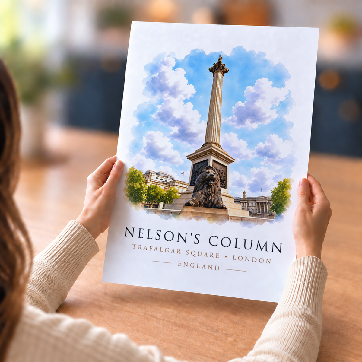 Nelson's Column Trafalgar Square watercolour-style art print held in a bright interior