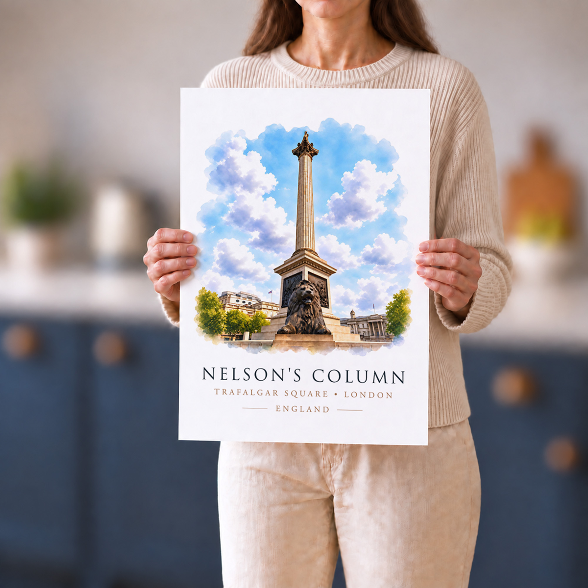 Unframed Nelson's Column art print held upright for scale