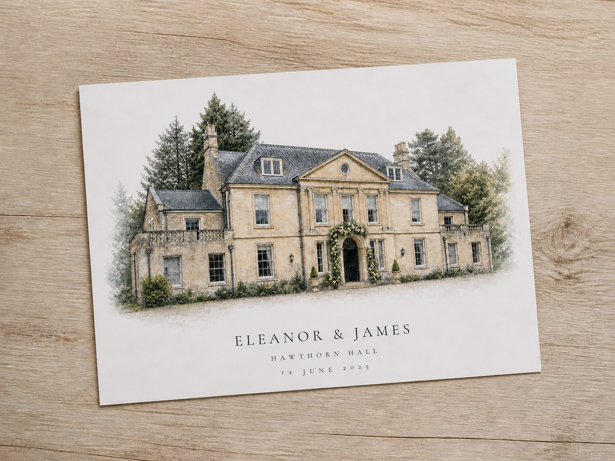 Unframed personalised wedding venue portrait with a Bright White artwork background, resting on pale wood.