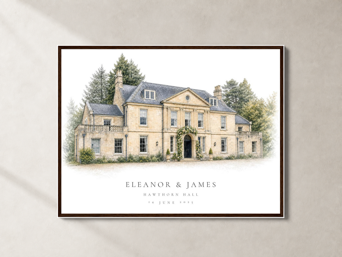 Personalised wedding venue portrait shown in the supplier's Dark Wood frame on a pale neutral wall.