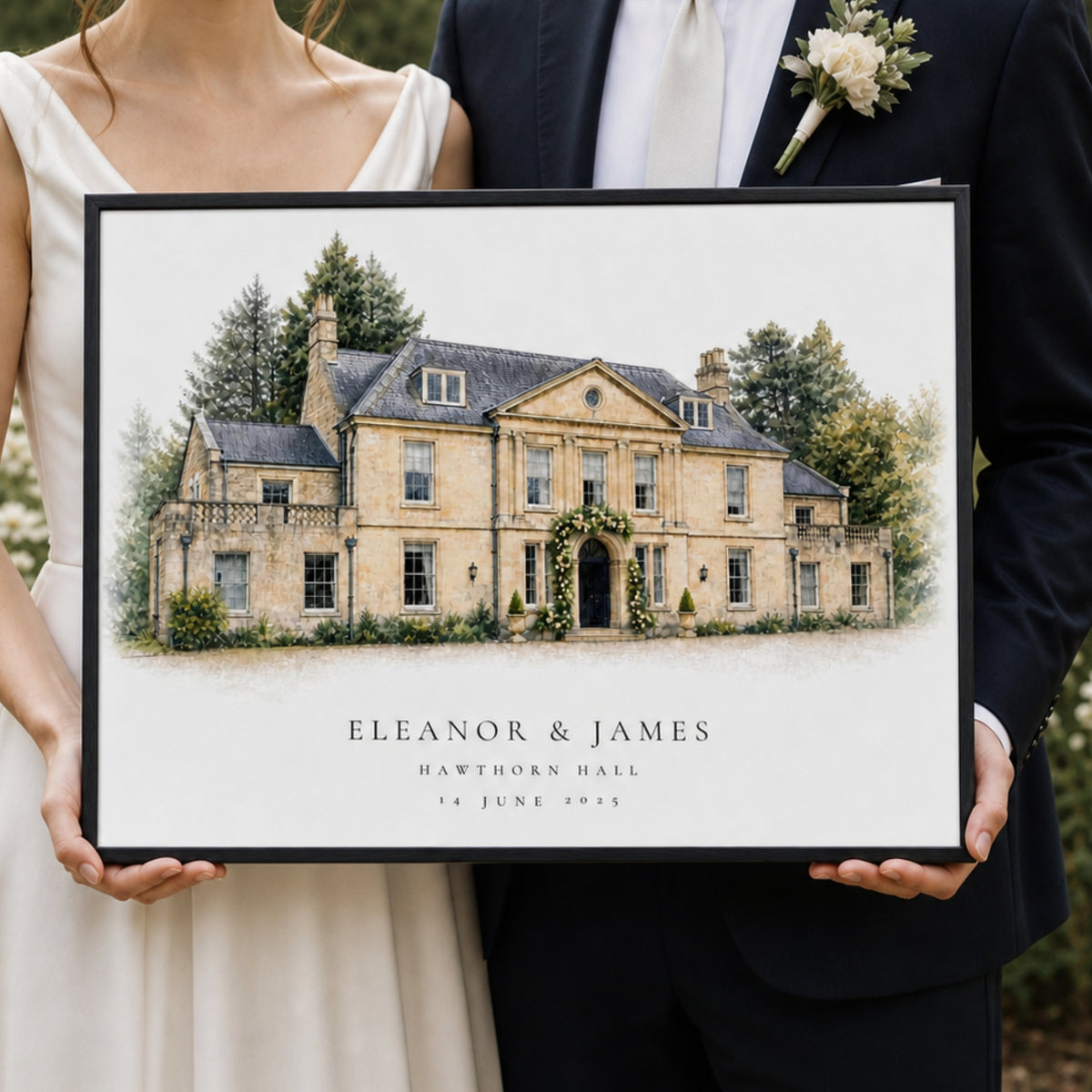 A newly married couple holds a black-framed personalised watercolour-style portrait of their wedding venue.