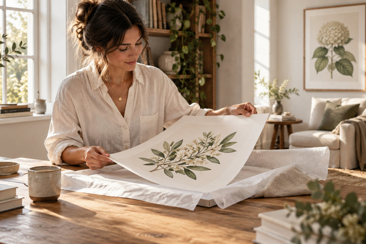 A woman handling a framed botanical print in a calm interior.