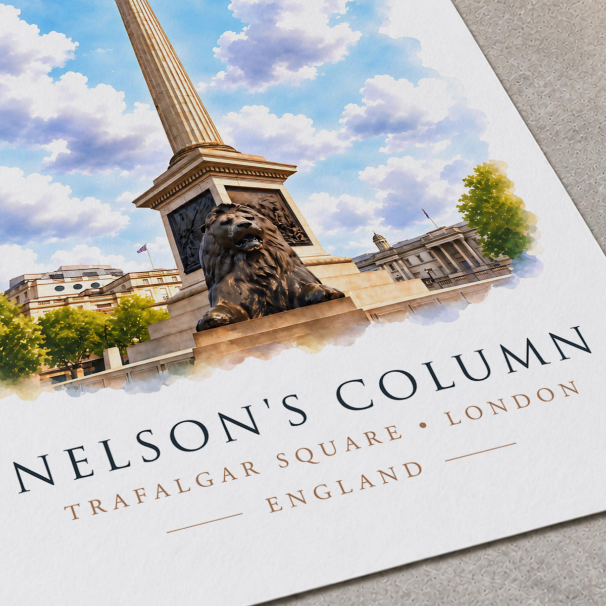 Close-up detail of Nelson's Column Trafalgar Square artwork on matte paper