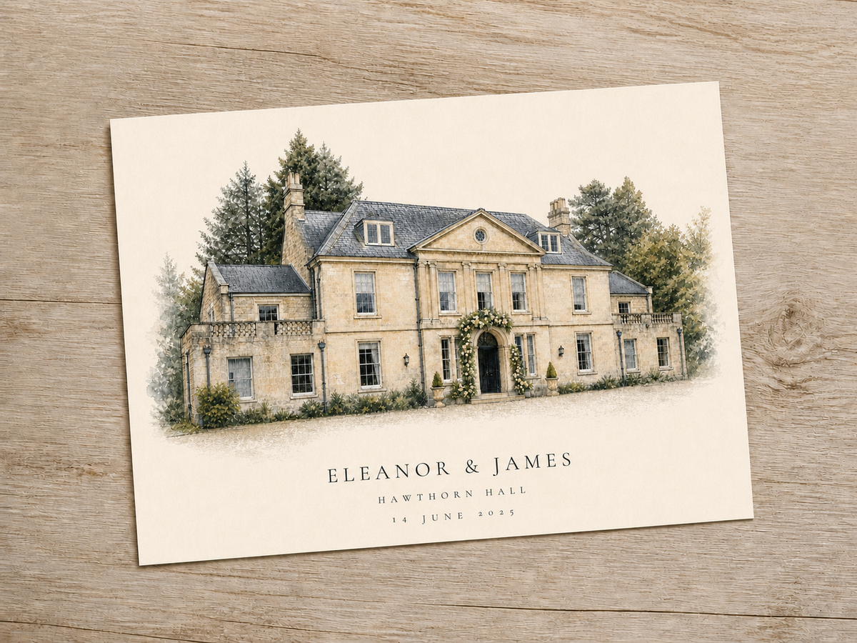 Unframed personalised wedding venue portrait with a Warm Cream artwork background, resting on pale wood.