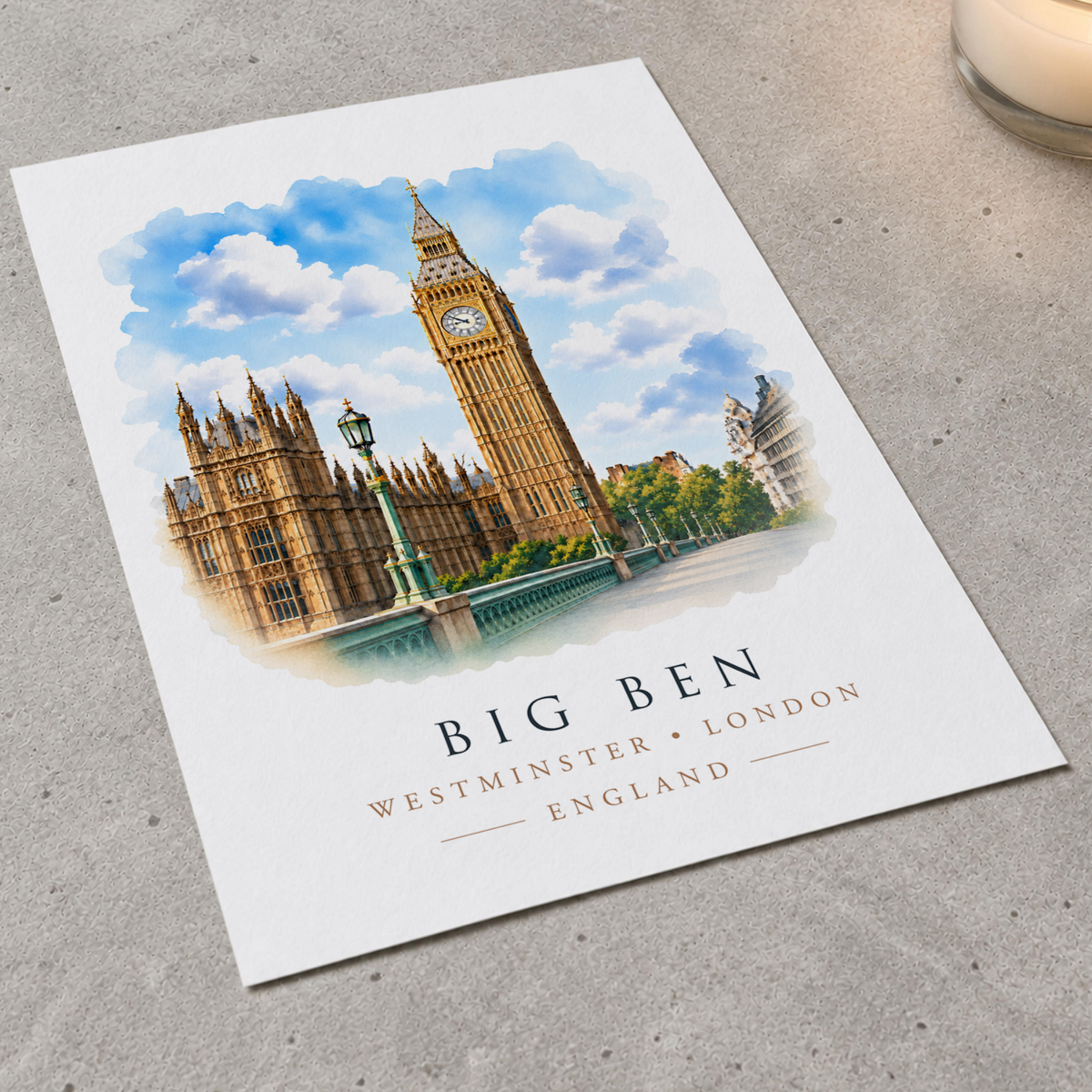 Big Ben and Westminster London watercolour-style art print detail