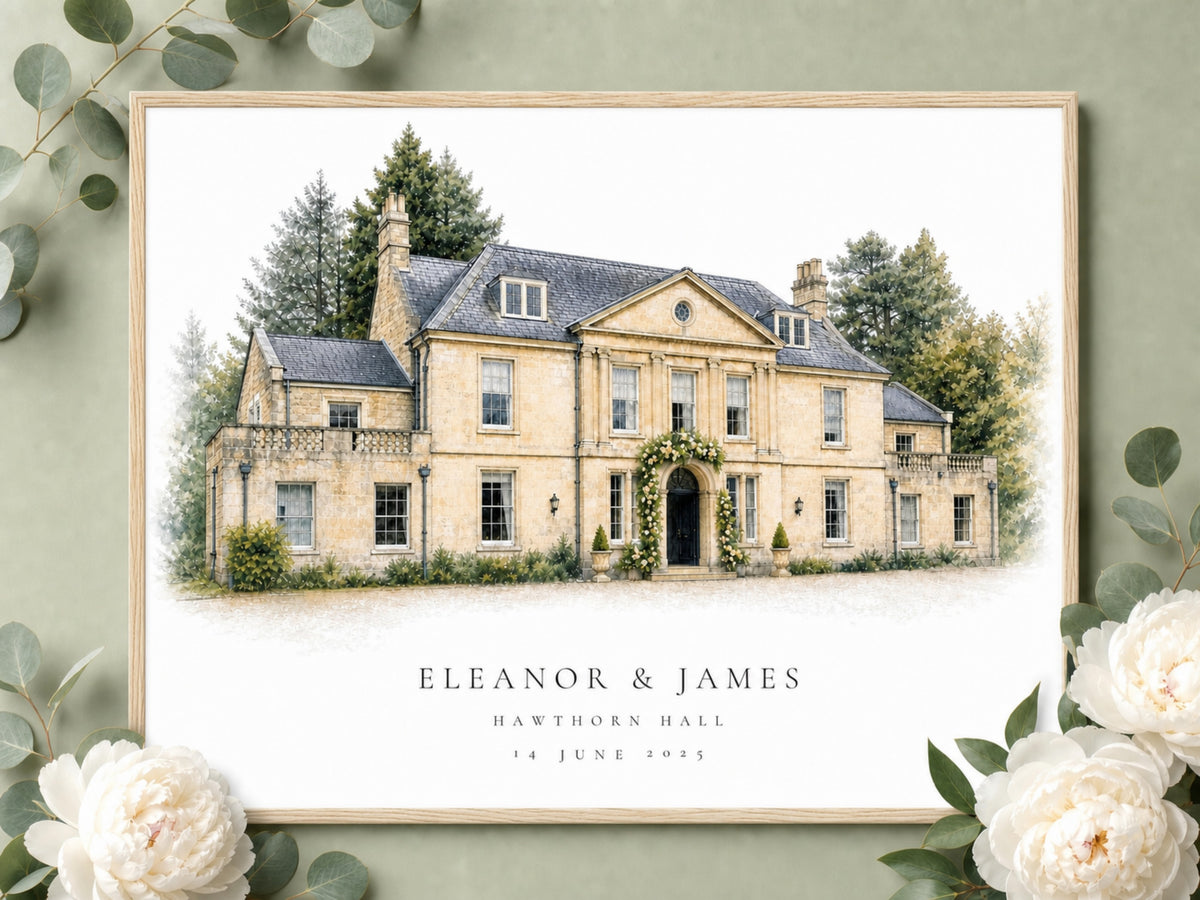 Close view of the venue portrait in a Natural Wood frame, styled with pale flowers and greenery.
