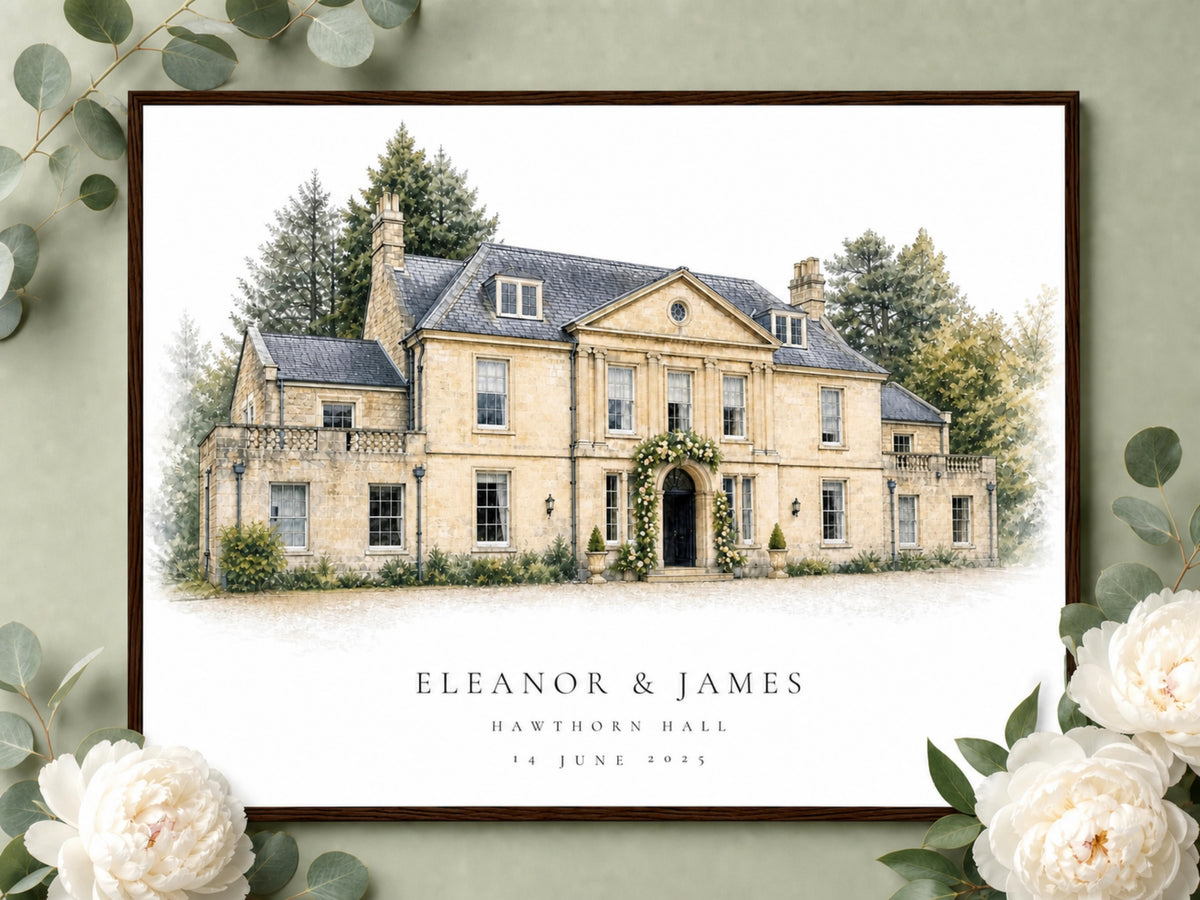 Close view of the venue portrait in a Dark Wood frame, styled with pale flowers and greenery.