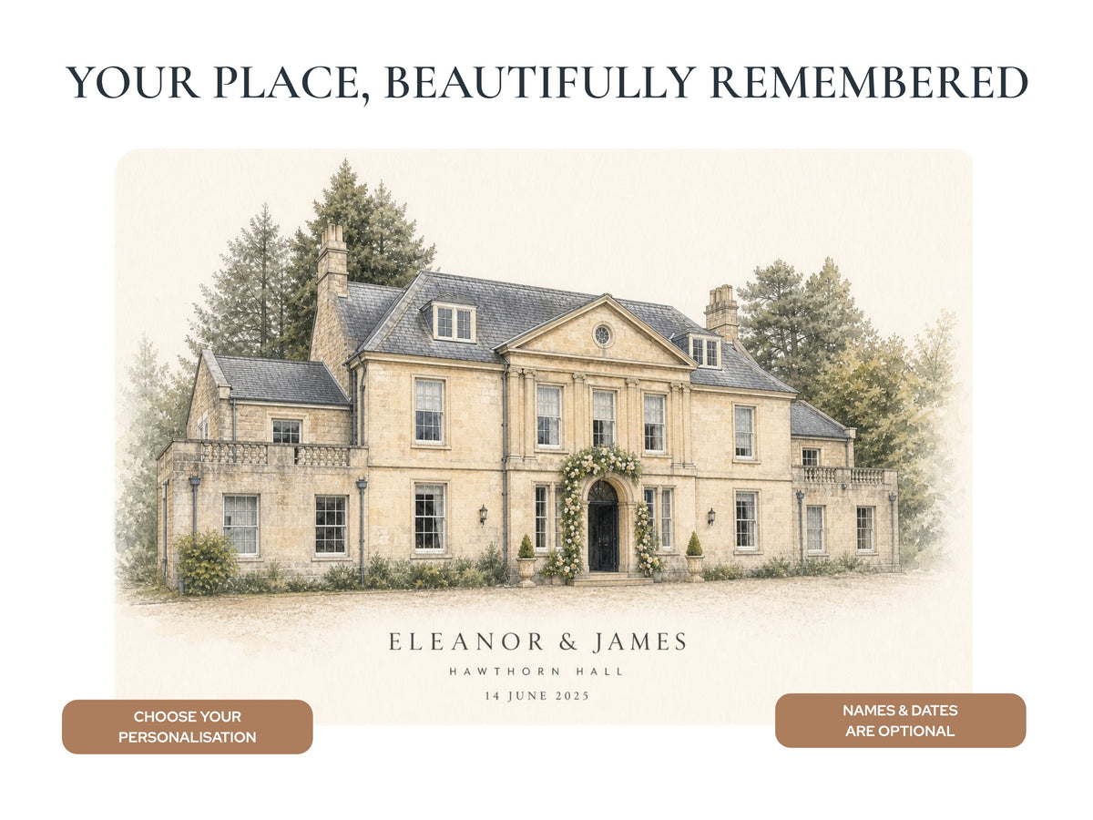 Full personalised venue artwork showing names, venue and date, with a note that names and dates are optional.