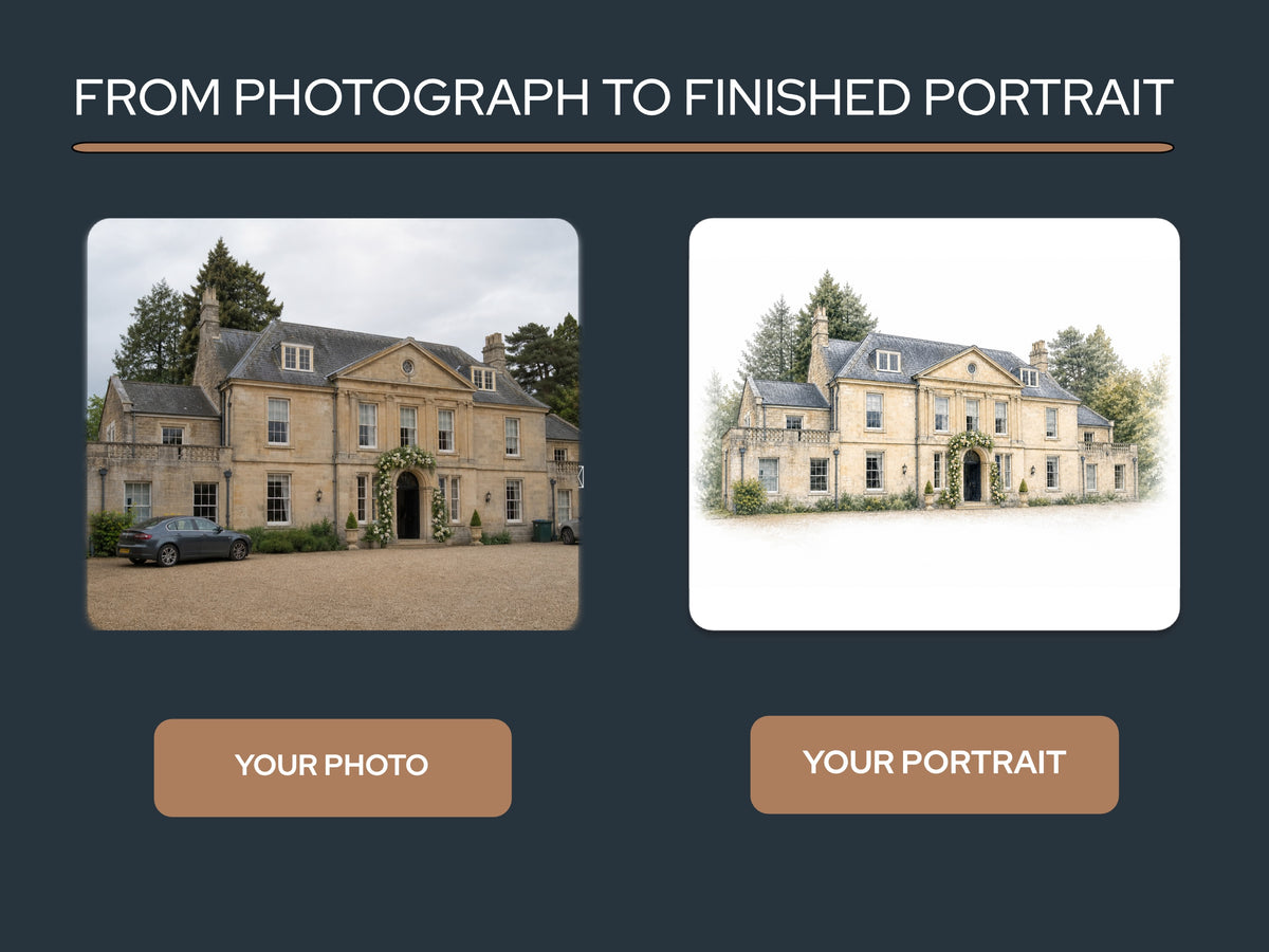 Side-by-side example showing the original venue photograph and the finished watercolour-style portrait.