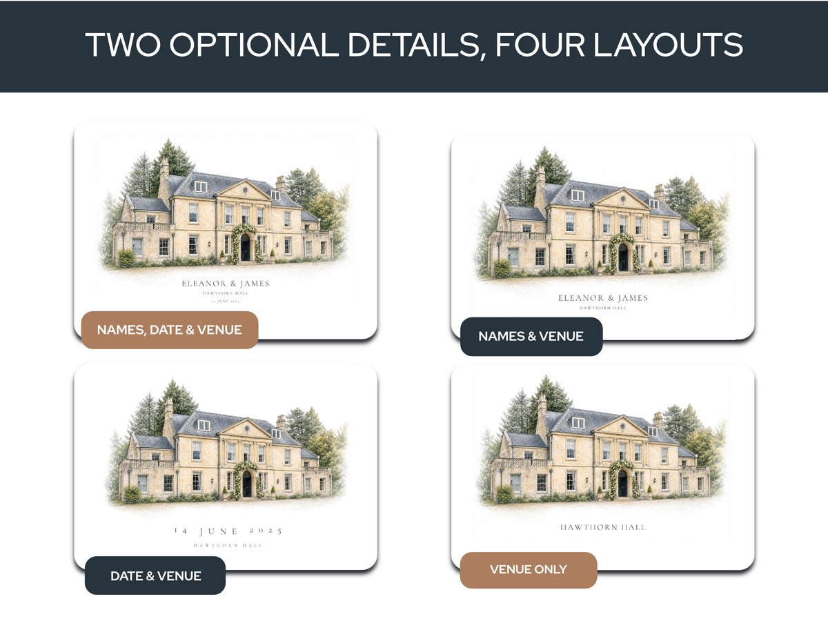 Four wording layouts: Names + Venue + Date, Names + Venue, Date + Venue, and Venue Only.