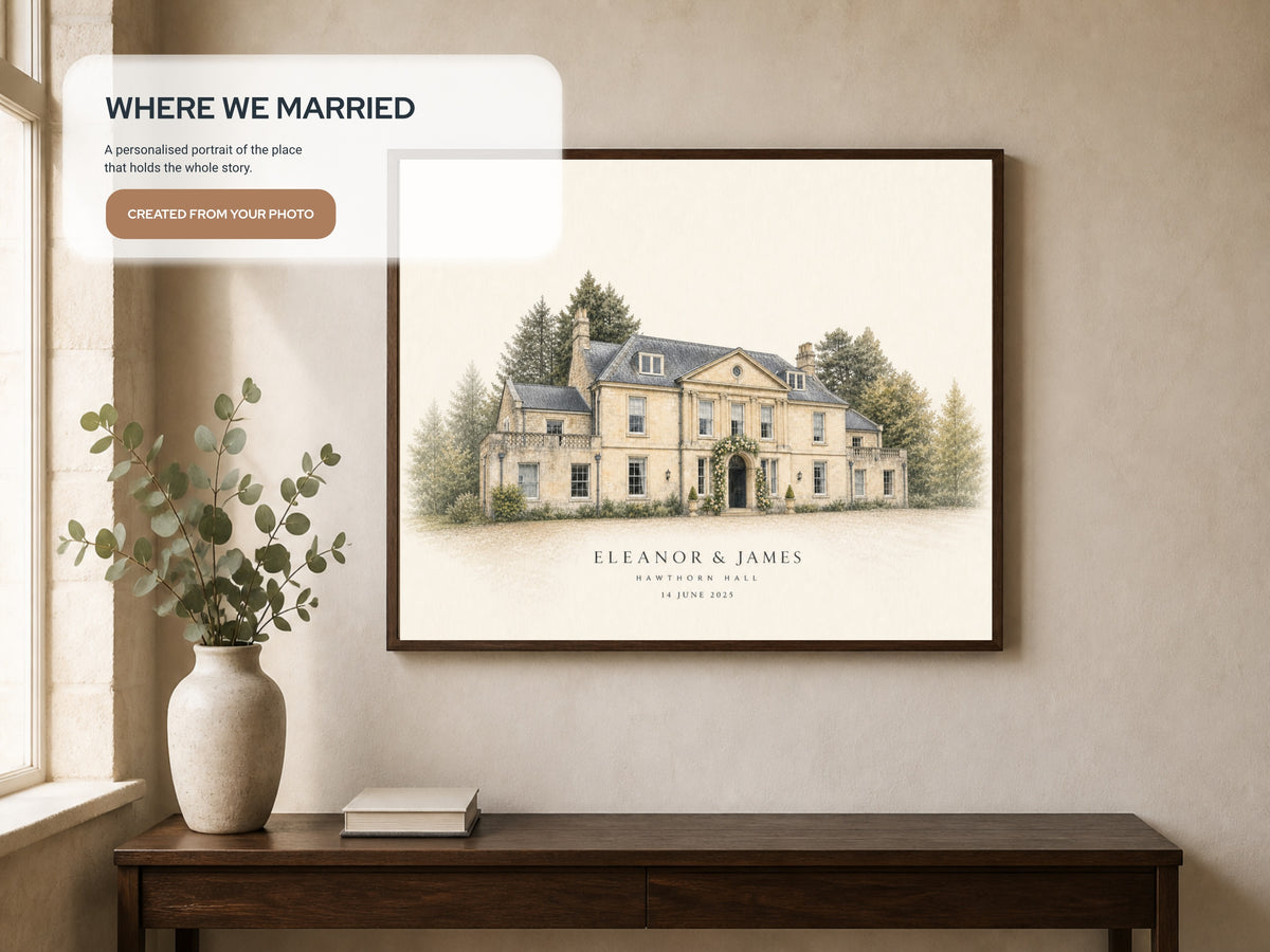 Framed venue portrait in a neutral room with a short explanation of the personalised artwork.
