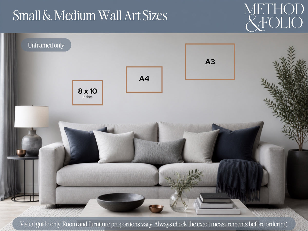 Visual wall-size guide comparing unframed 8 × 10, A4 and A3 prints above a sofa.
