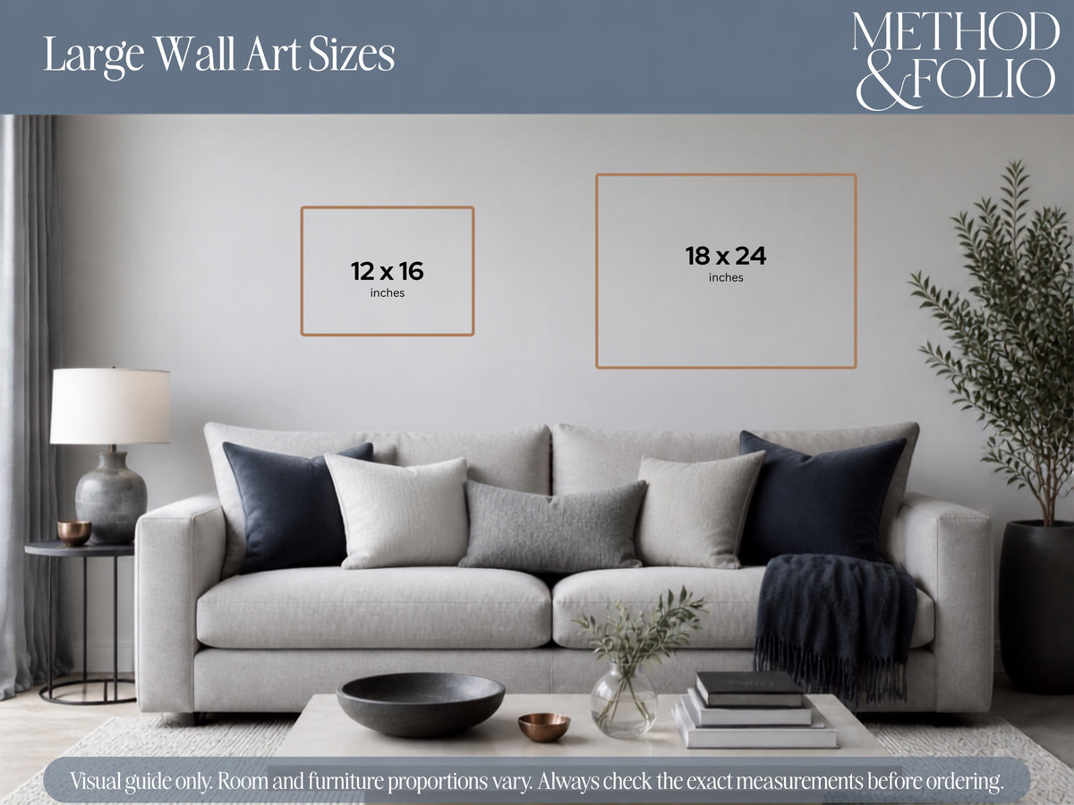 Visual wall-size guide comparing 12 × 16 and 18 × 24 inch prints above a sofa.