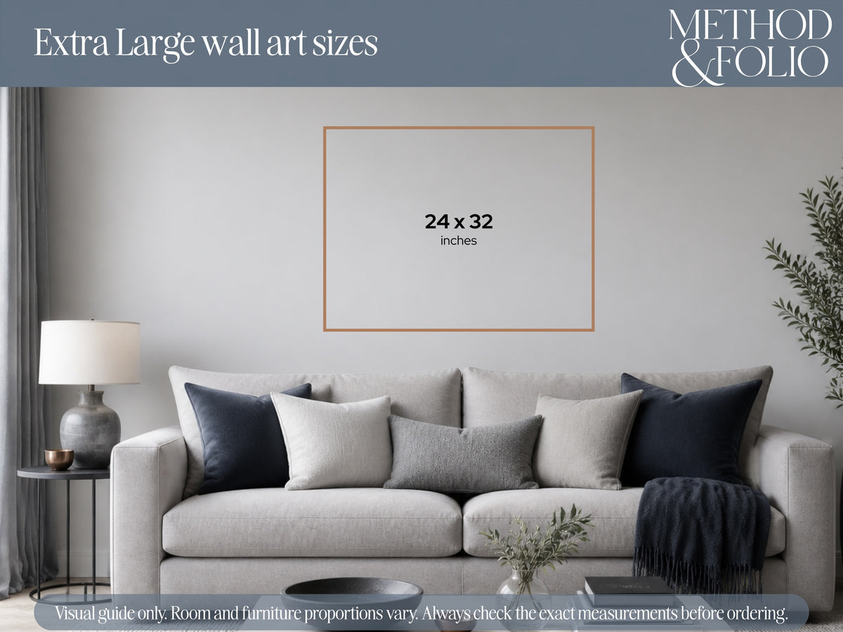 Visual wall-size guide showing a 24 × 32 inch print above a sofa.