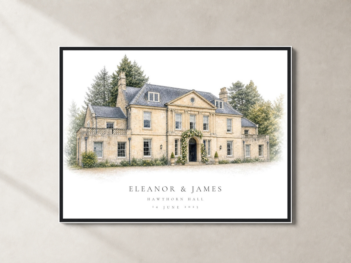 Personalised wedding venue portrait shown in the supplier's Black wooden frame on a pale neutral wall.