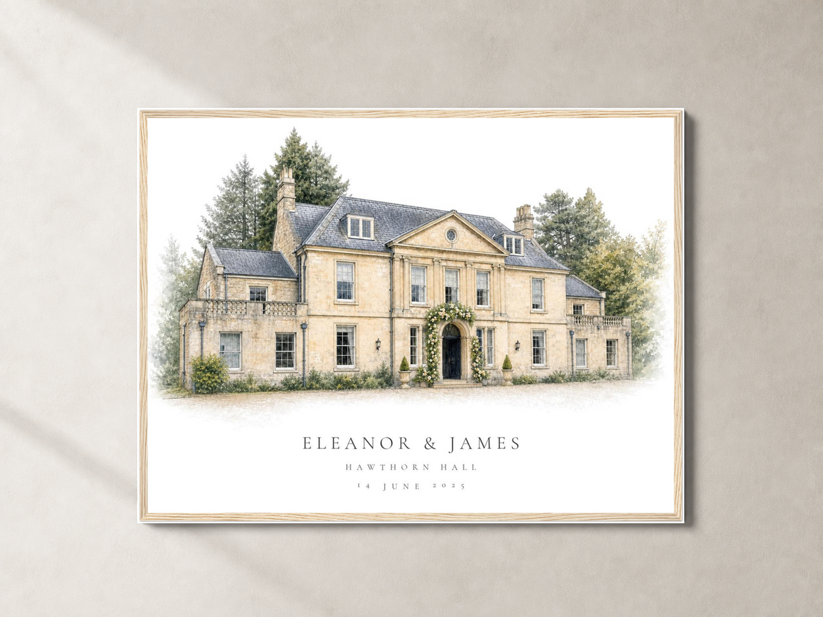 Personalised wedding venue portrait shown in the supplier's Natural Wood frame on a pale neutral wall.